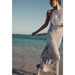Zara dress knit sequin halter in silver with light pink sequins NEW